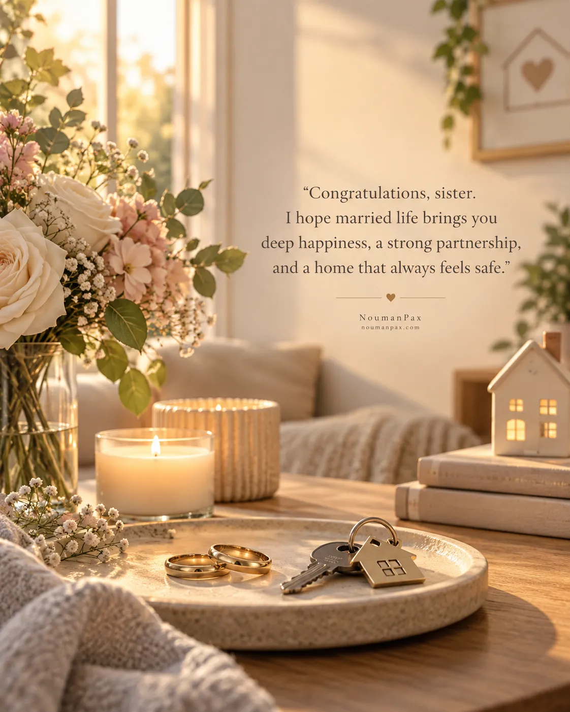 Congratulations, sister. I hope married life brings you deep happiness, a strong partnership, and a home that always feels safe.