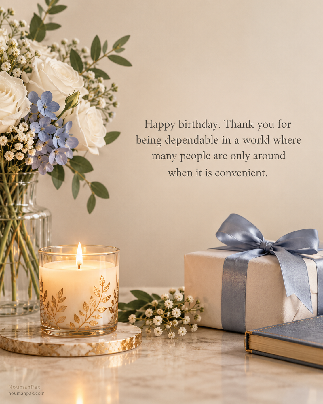 Happy birthday. Thank you for being dependable in a world where many people are only around when it is convenient.