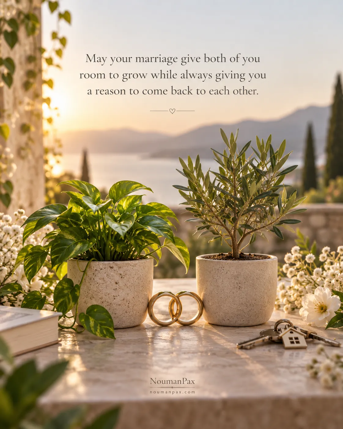 May your marriage give both of you room to grow while always giving you a reason to come back to each other.