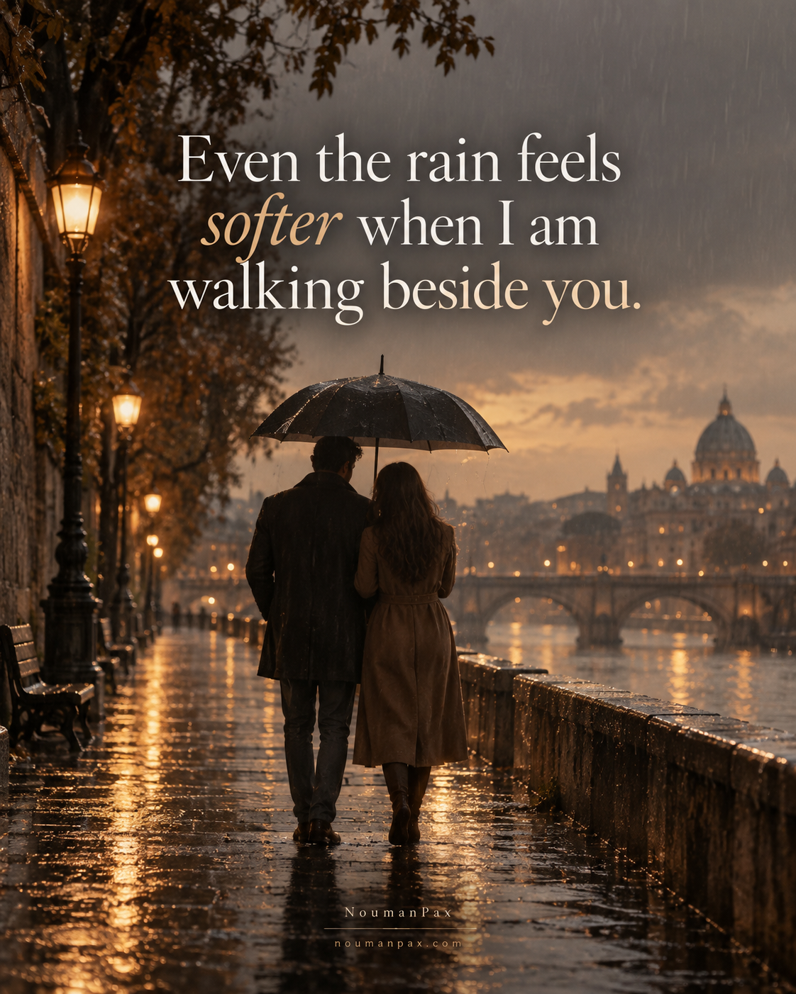 Rainy walk beneath warm lights