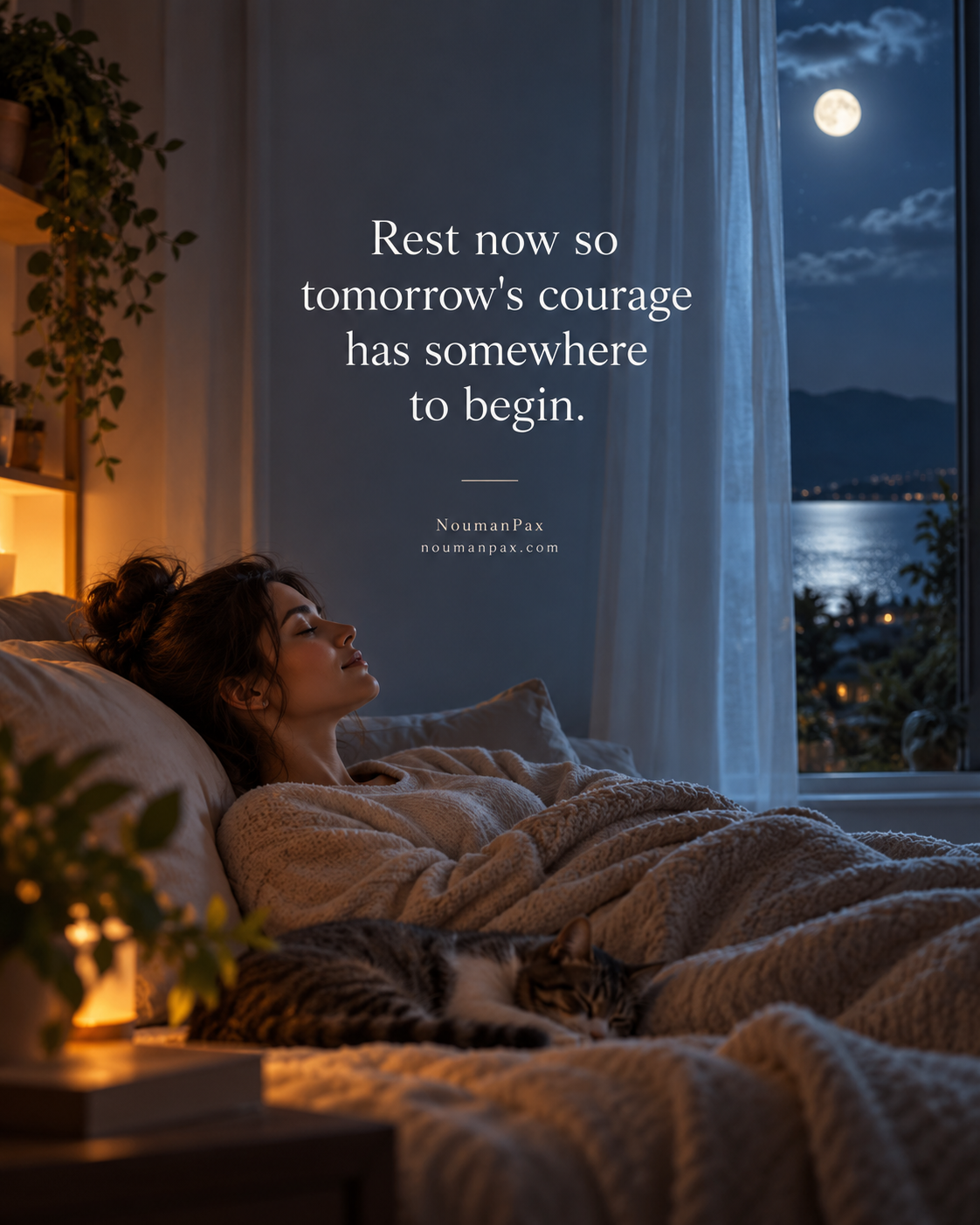 Inspirational good night quote about rest and tomorrow's courage