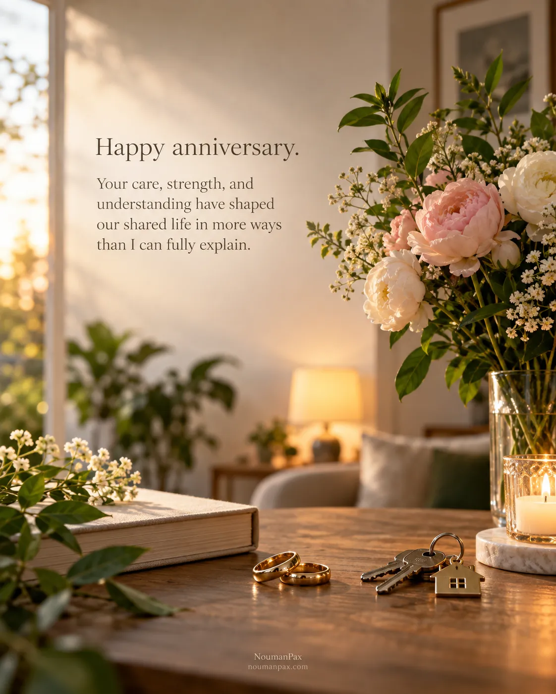 Happy anniversary. Your care, strength, and understanding have shaped our shared life in more ways than I can fully explain.