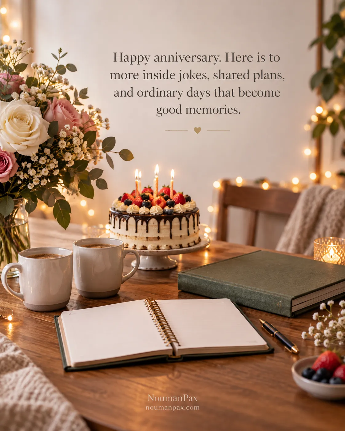 Happy anniversary. Here is to more inside jokes, shared plans, and ordinary days that become good memories.