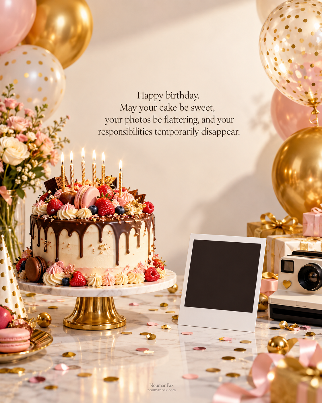 Happy birthday. May your cake be sweet, your photos be flattering, and your responsibilities temporarily disappear.
