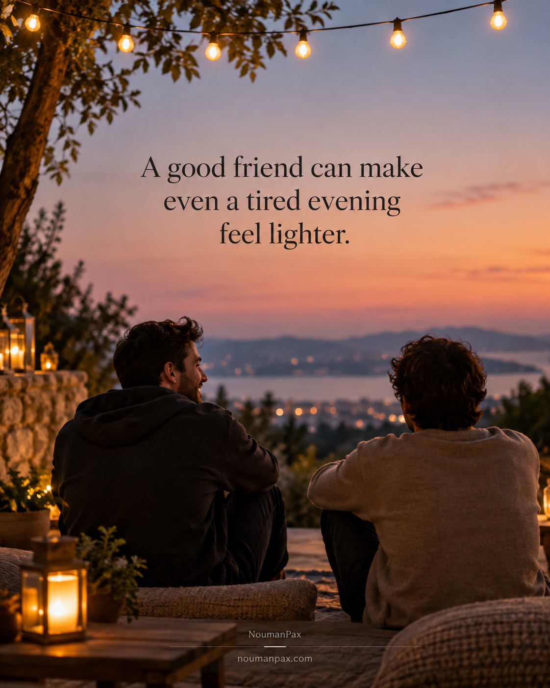 Good night friendship quote about a tired evening feeling lighter