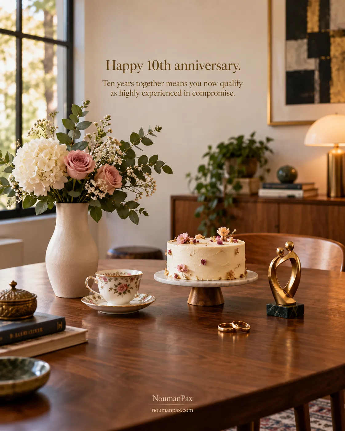 Happy 10th anniversary. Ten years together means you now qualify as highly experienced in compromise.