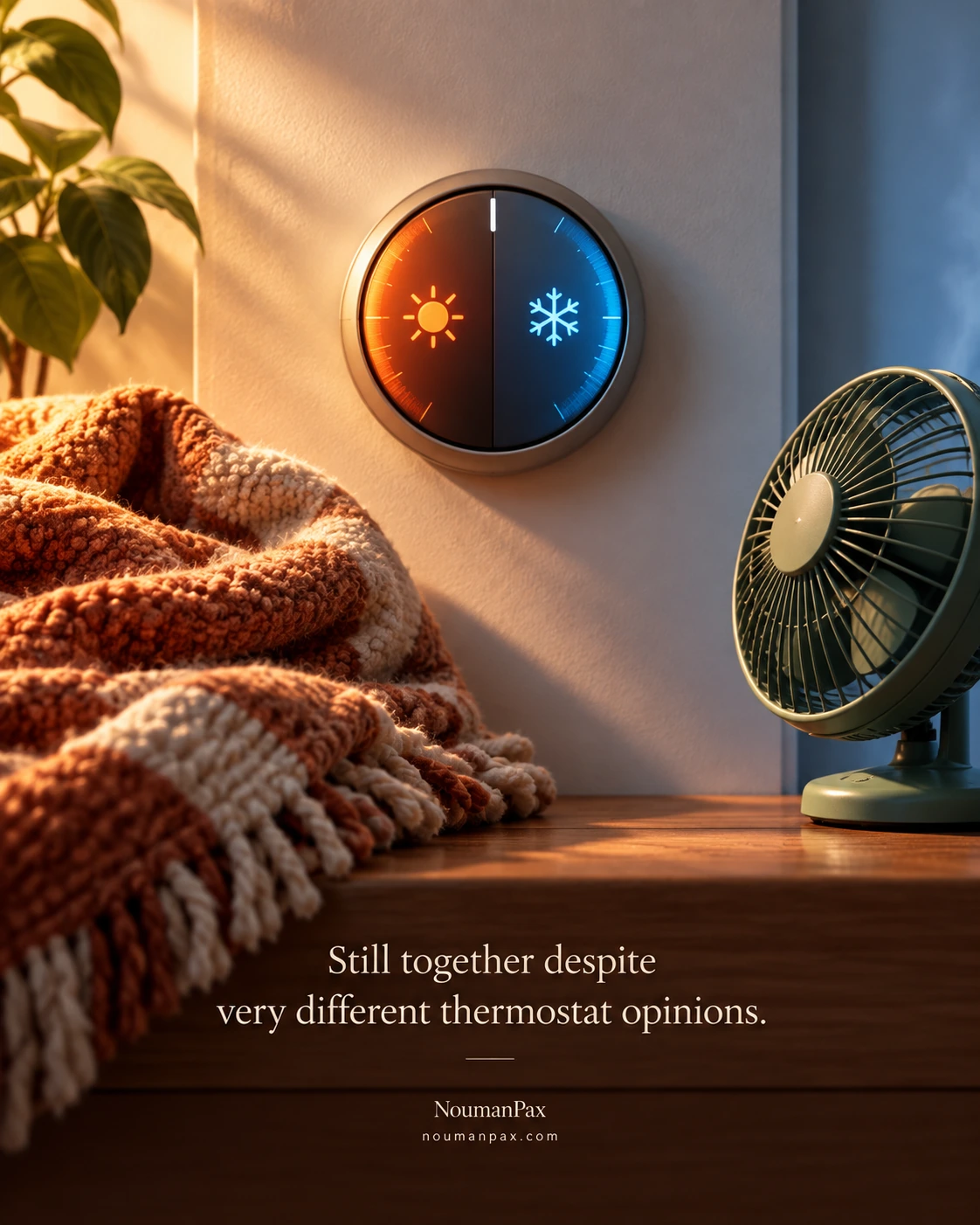 Still together despite very different thermostat opinions.