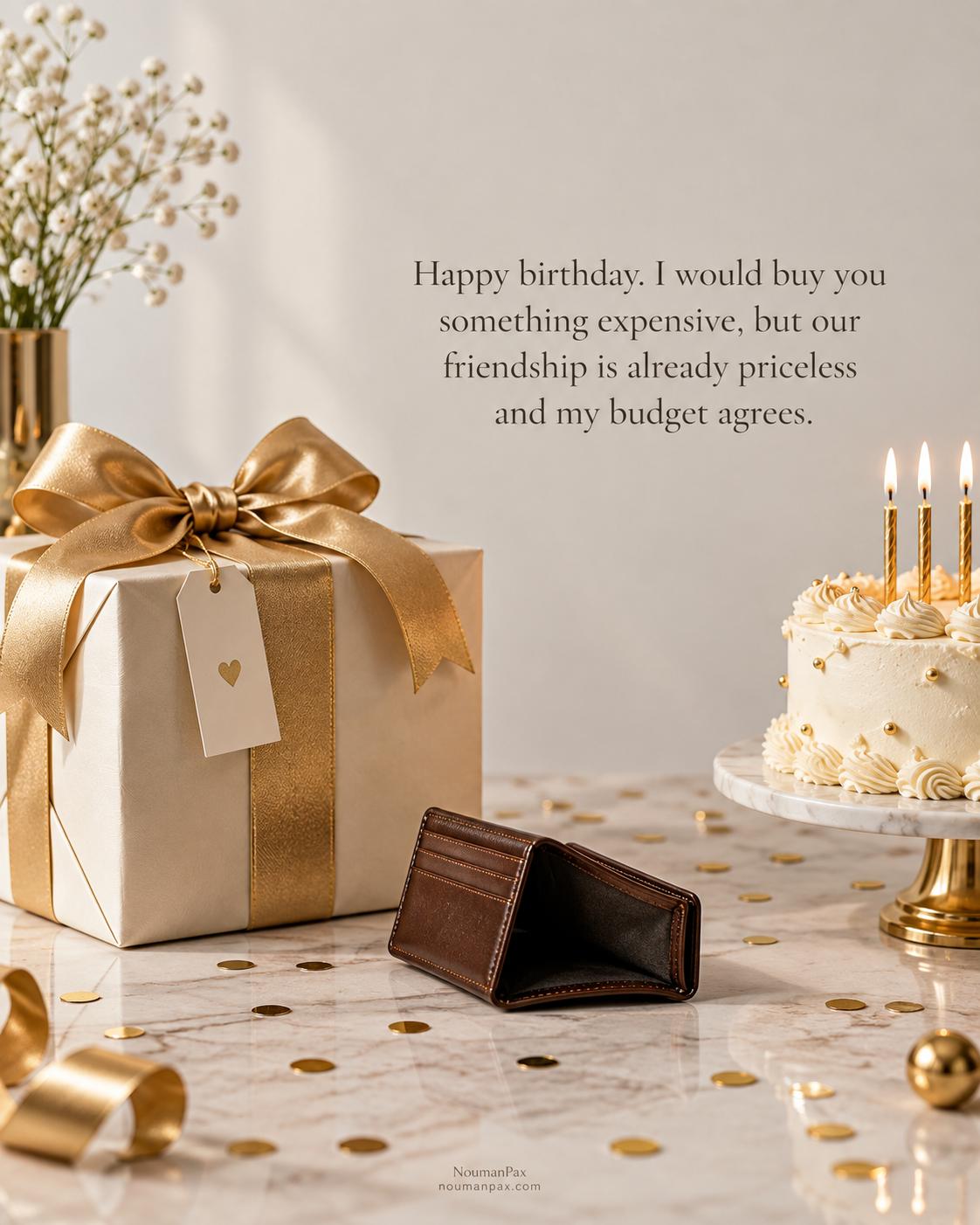 Happy birthday. I would buy you something expensive, but our friendship is already priceless and my budget agrees.