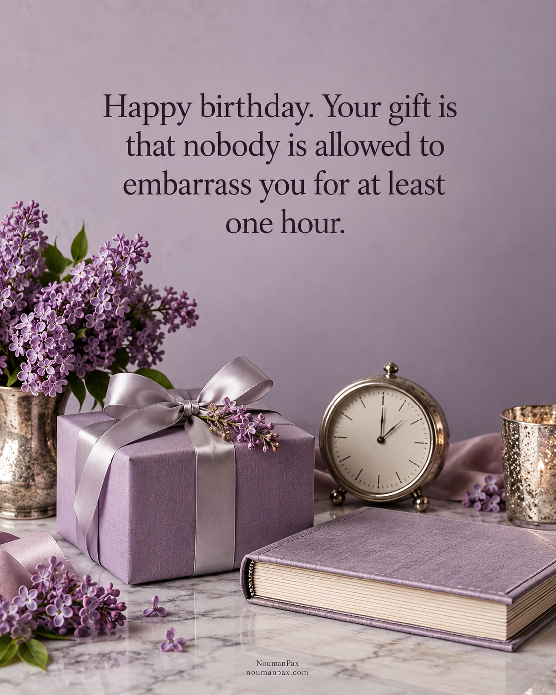 Happy birthday. Your gift is that nobody is allowed to embarrass you for at least one hour.
