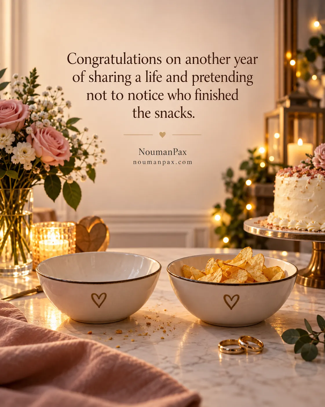 Congratulations on another year of sharing a life and pretending not to notice who finished the snacks.
