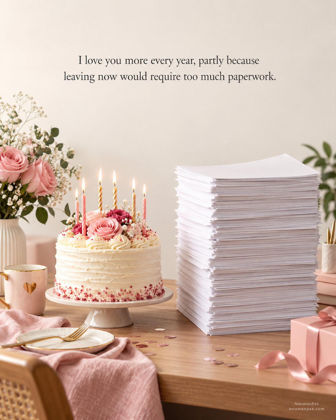 I love you more every year, partly because leaving now would require too much paperwork.
