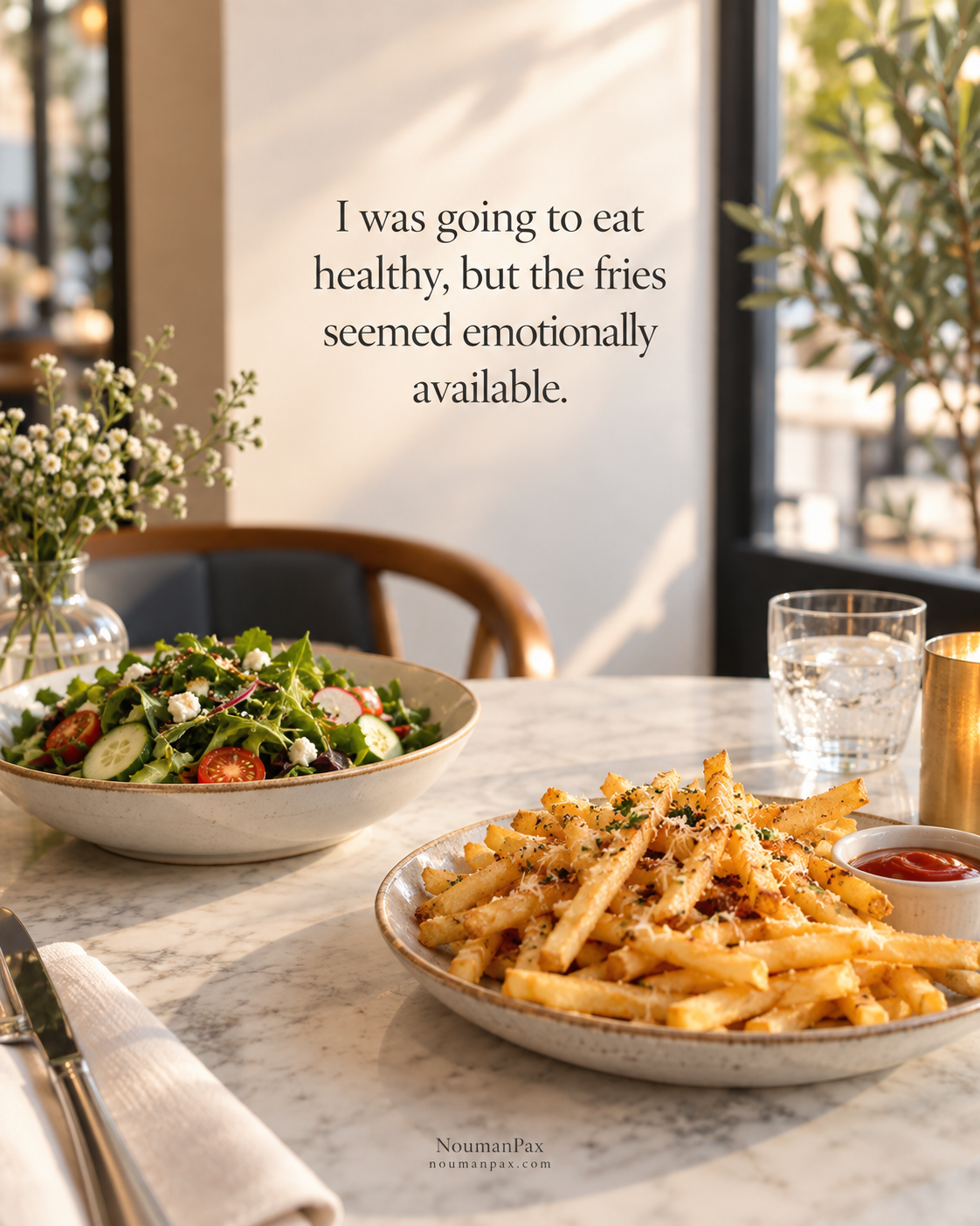 I was going to eat healthy, but the fries seemed emotionally available.