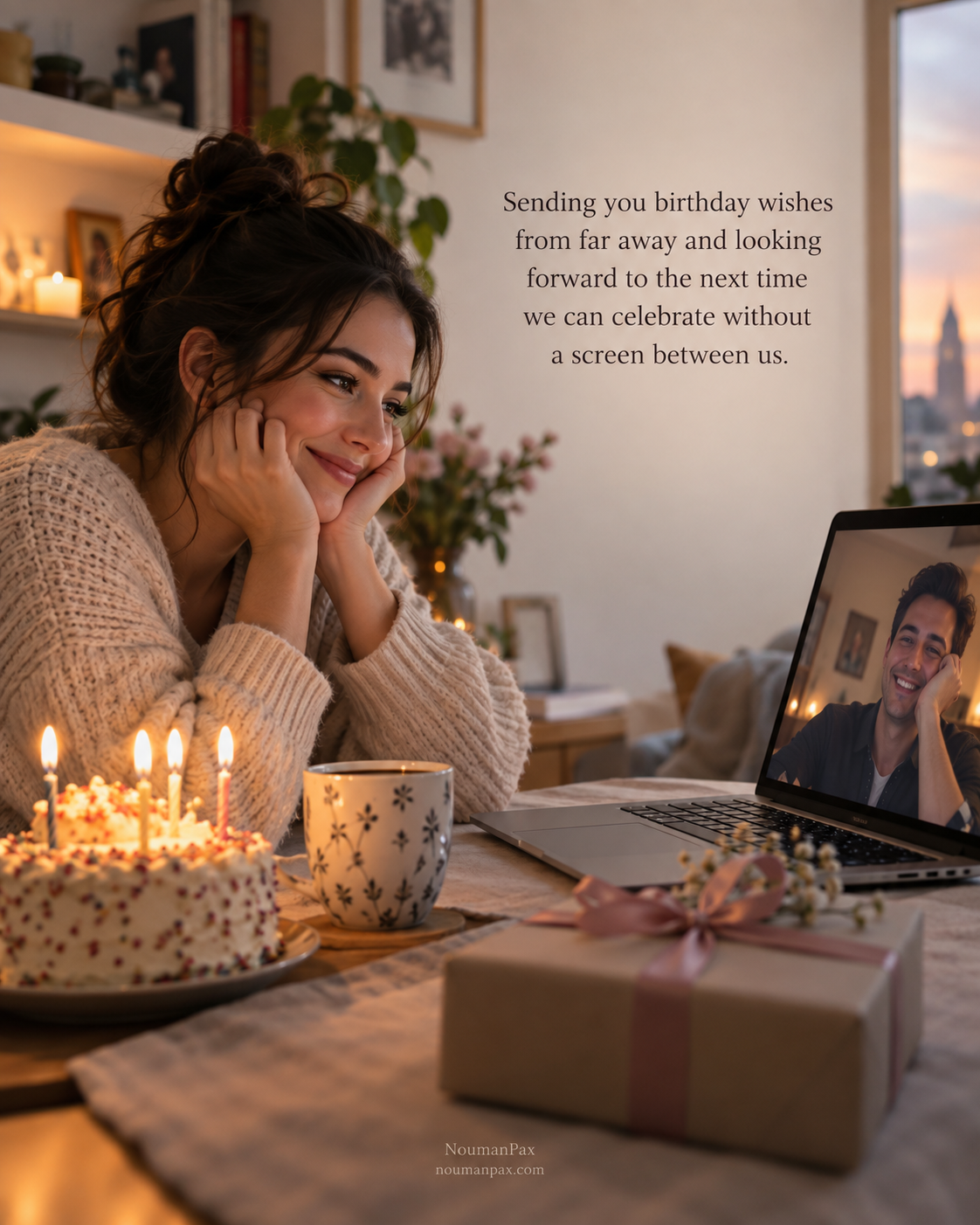 Sending you birthday wishes from far away and looking forward to the next time we can celebrate without a screen between us.