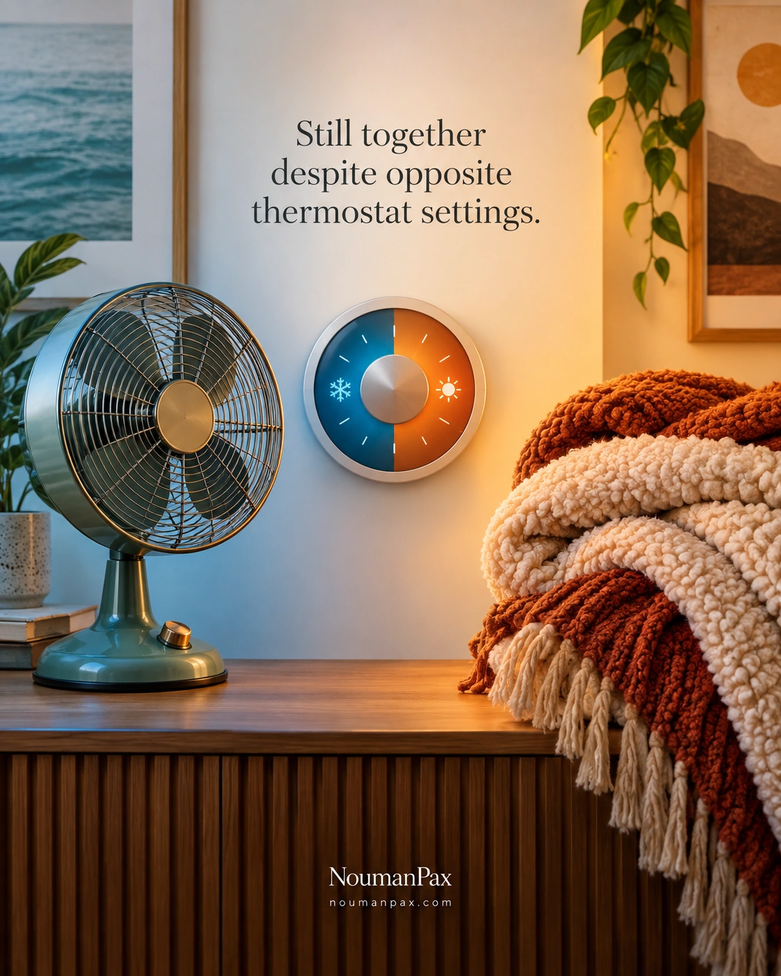 Still together despite opposite thermostat settings.
