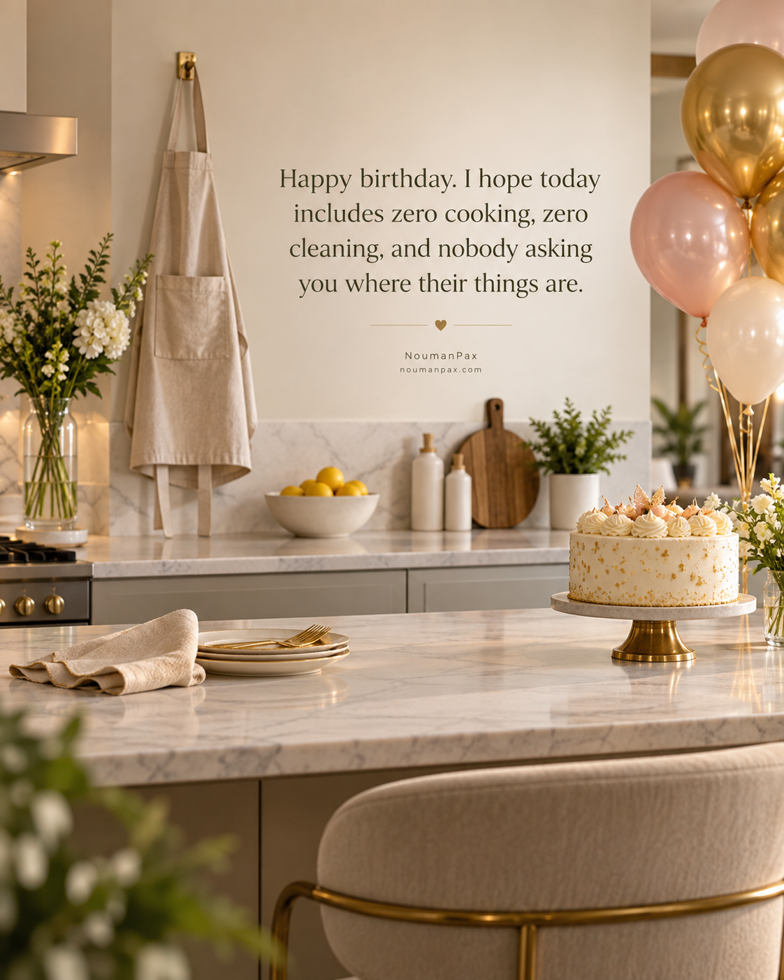 Happy birthday. I hope today includes zero cooking, zero cleaning, and nobody asking you where their things are.