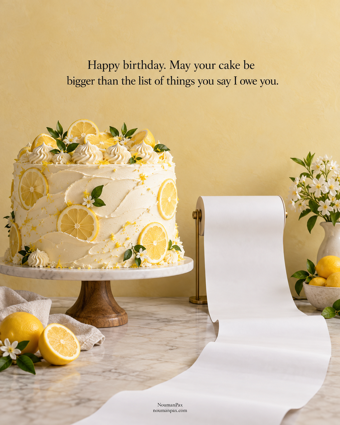 Happy birthday. May your cake be bigger than the list of things you say I owe you.