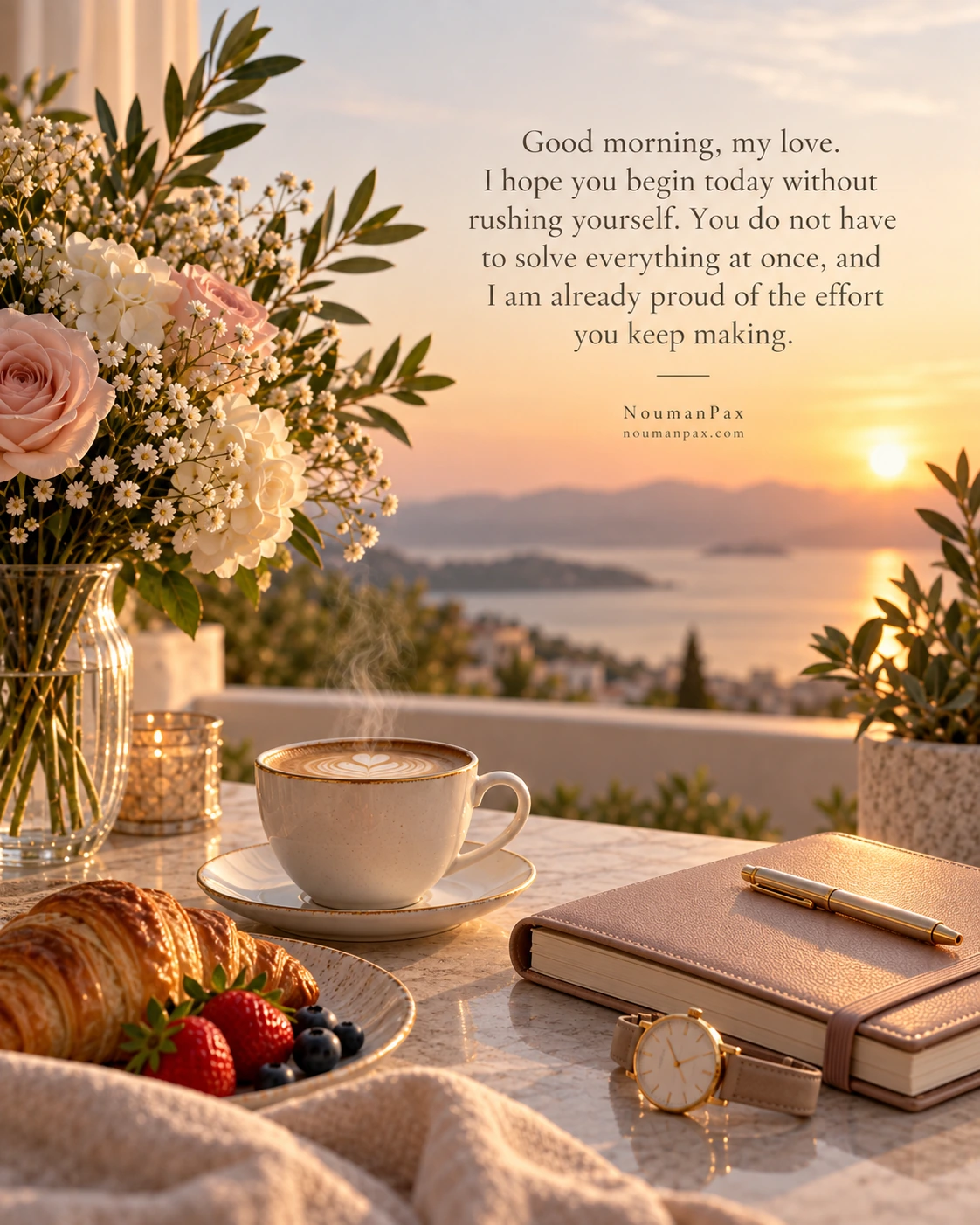 Good morning, my love. I hope you begin today without rushing yourself. You do not have to solve everything at once, and I am already proud of the effort you keep making.