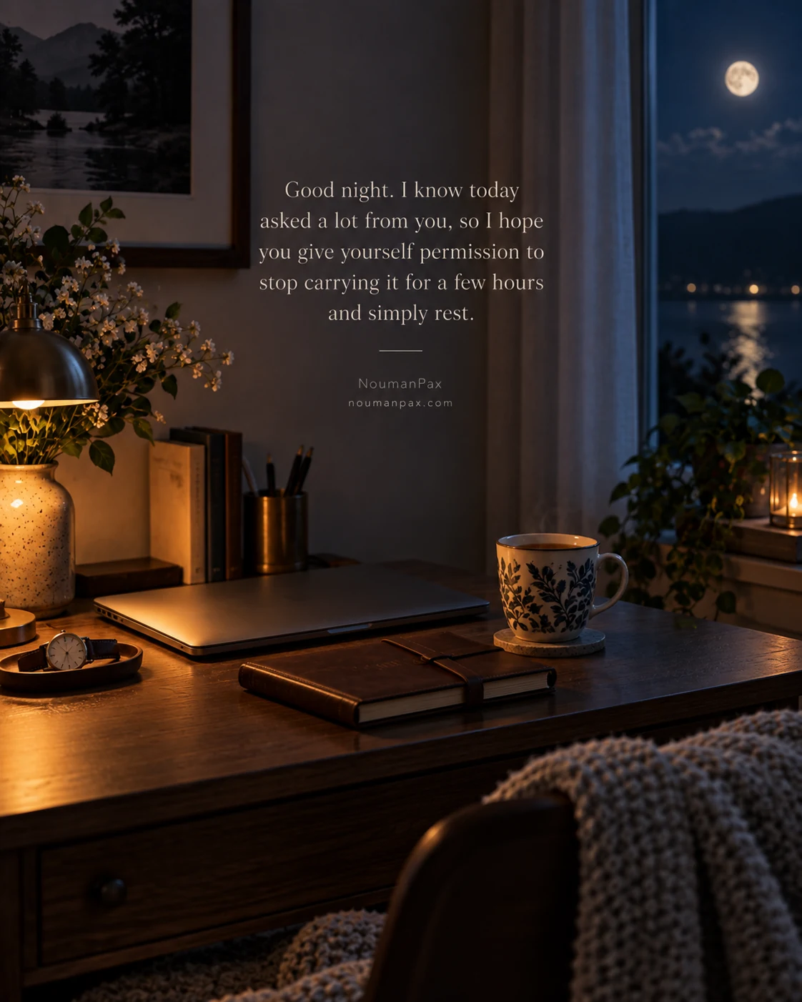 Good night. I know today asked a lot from you, so I hope you give yourself permission to stop carrying it for a few hours and simply rest.