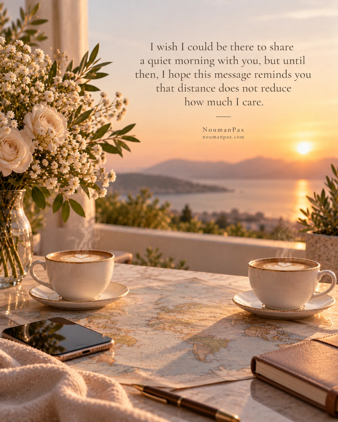 I wish I could be there to share a quiet morning with you, but until then, I hope this message reminds you that distance does not reduce how much I care.