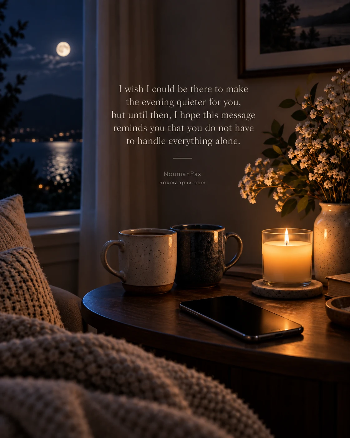 I wish I could be there to make the evening quieter for you, but until then, I hope this message reminds you that you do not have to handle everything alone.