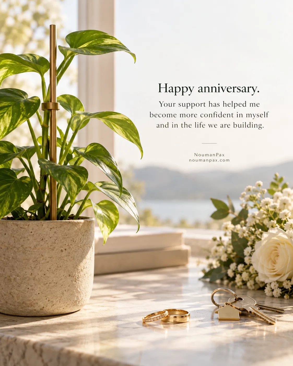 Happy anniversary. Your support has helped me become more confident in myself and in the life we are building.