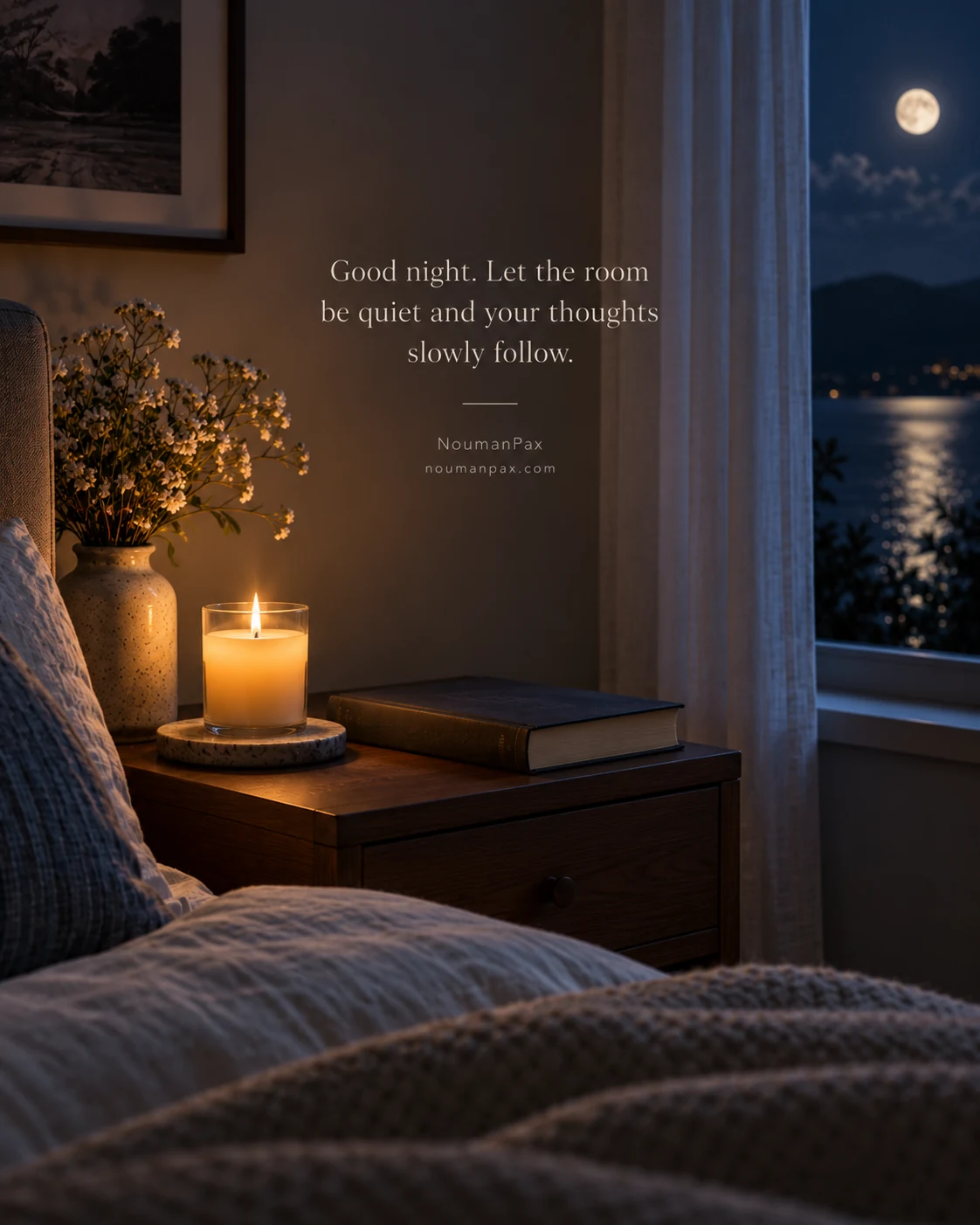 Good night. Let the room be quiet and your thoughts slowly follow.