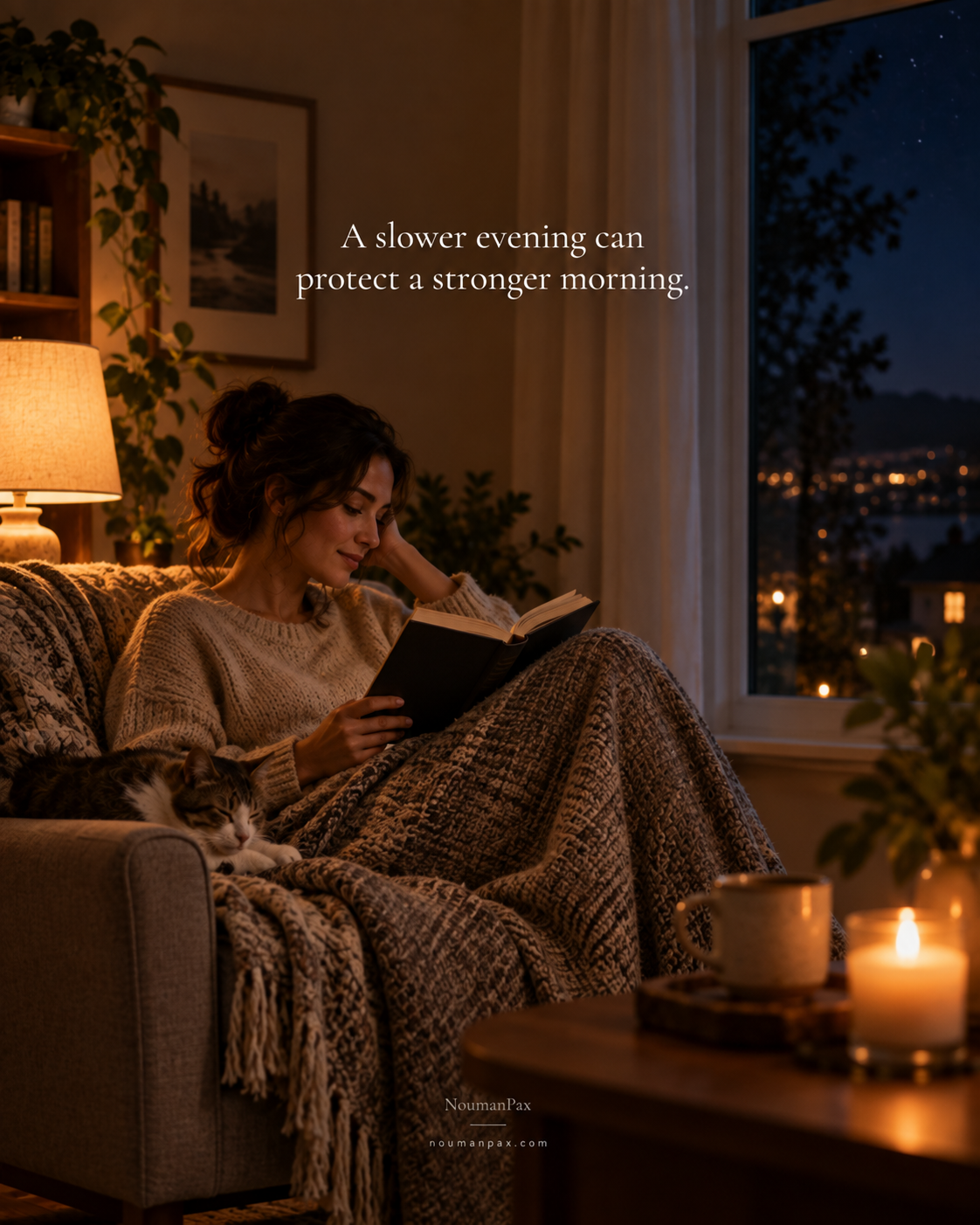 Good night rest quote about a slower evening and stronger morning