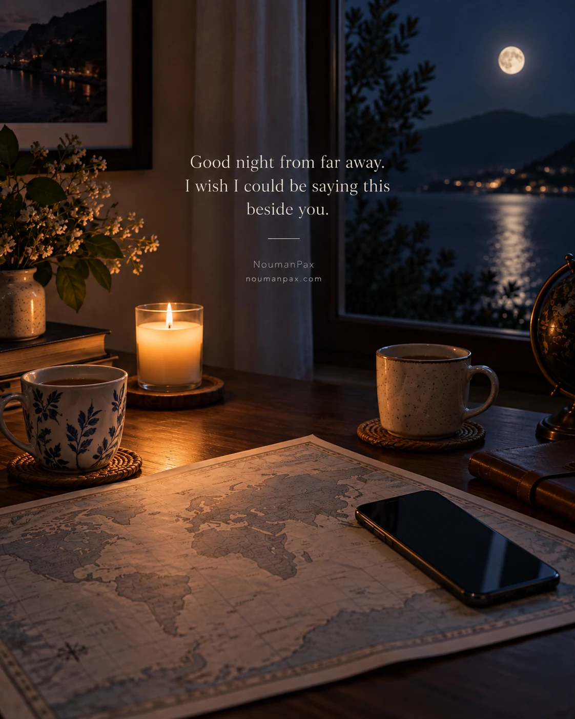 Good night from far away. I wish I could be saying this beside you.