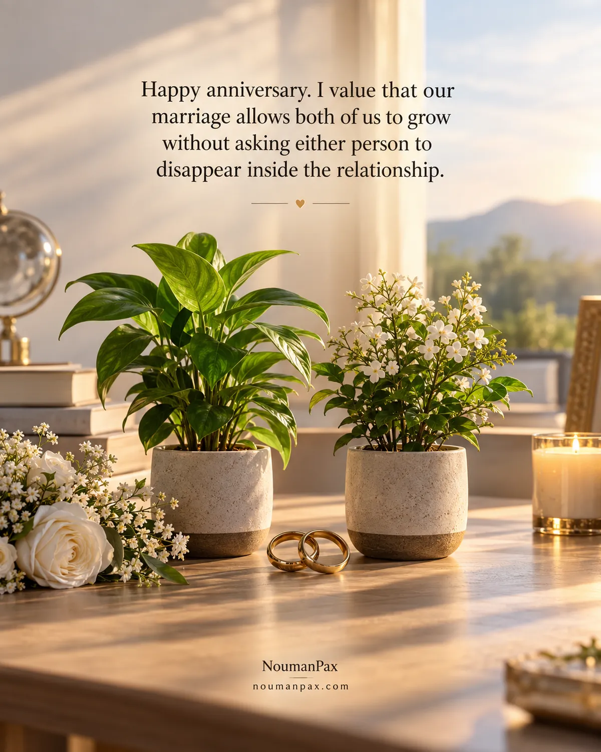 Happy anniversary. I value that our marriage allows both of us to grow without asking either person to disappear inside the relationship.