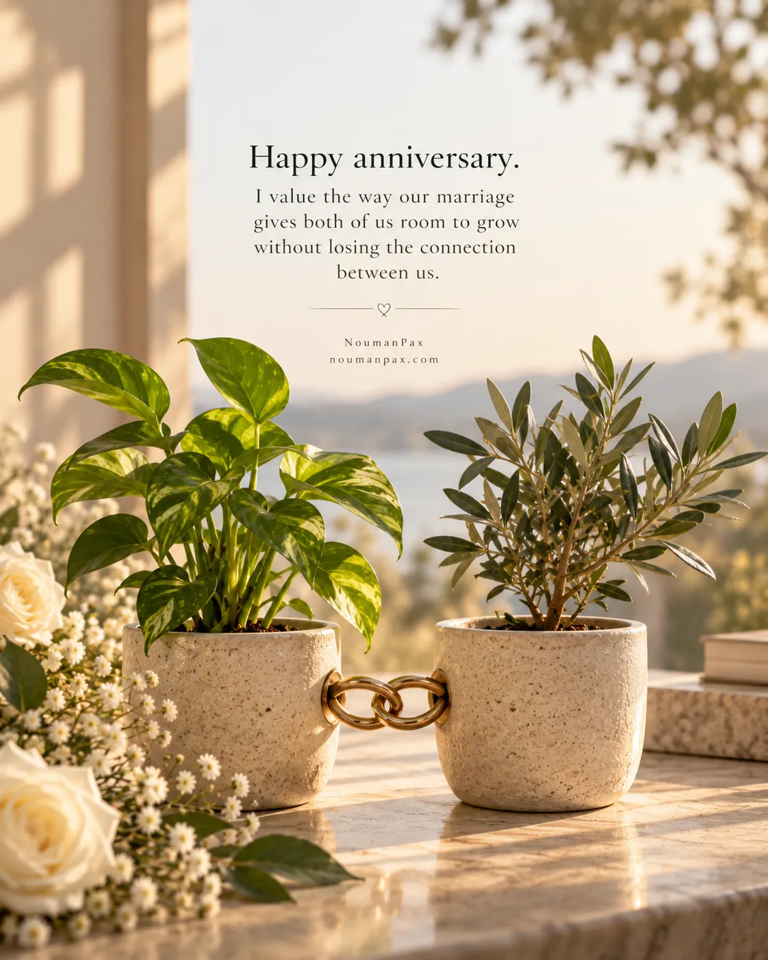 Happy anniversary. I value the way our marriage gives both of us room to grow without losing the connection between us.