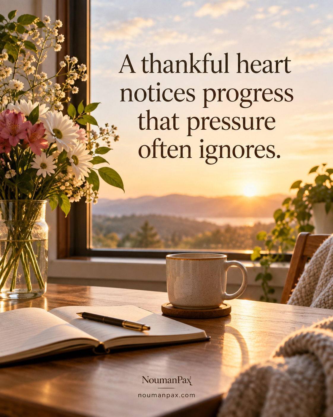 Positive quote — thankful heart notices progress