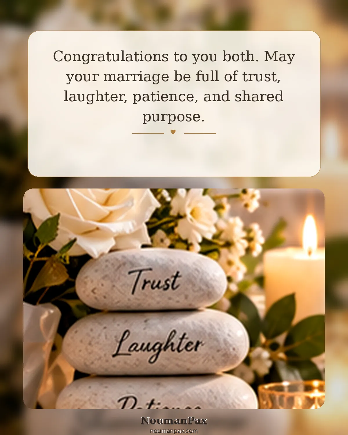 Congratulations to you both. May your marriage be full of trust, laughter, patience, and shared purpose.