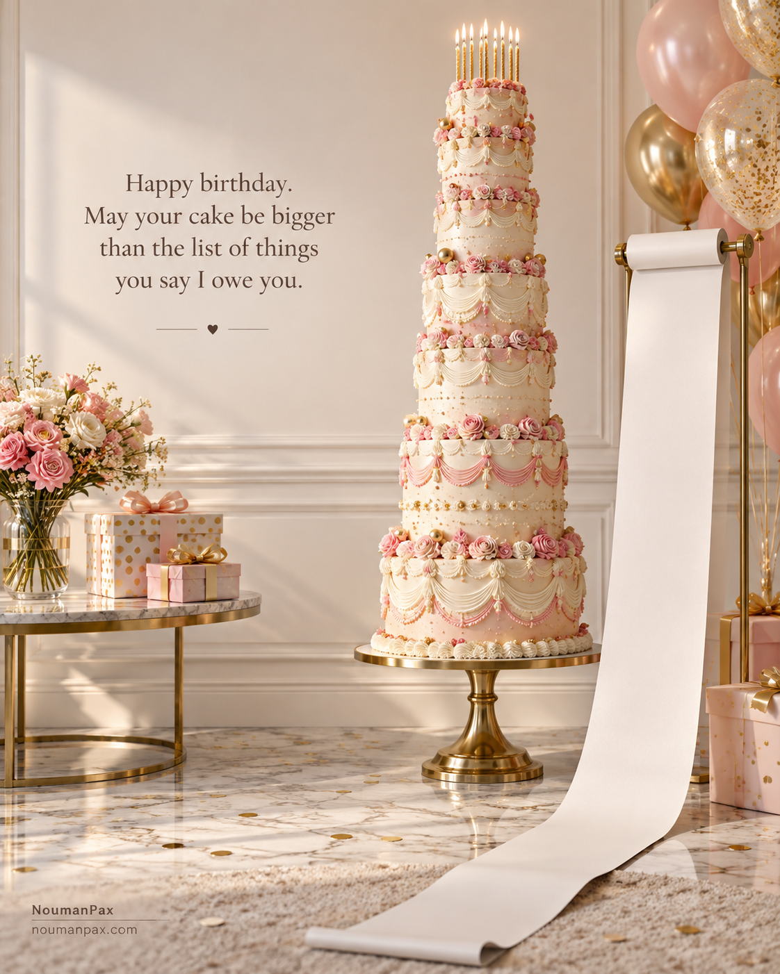 Happy birthday. May your cake be bigger than the list of things you say I owe you.