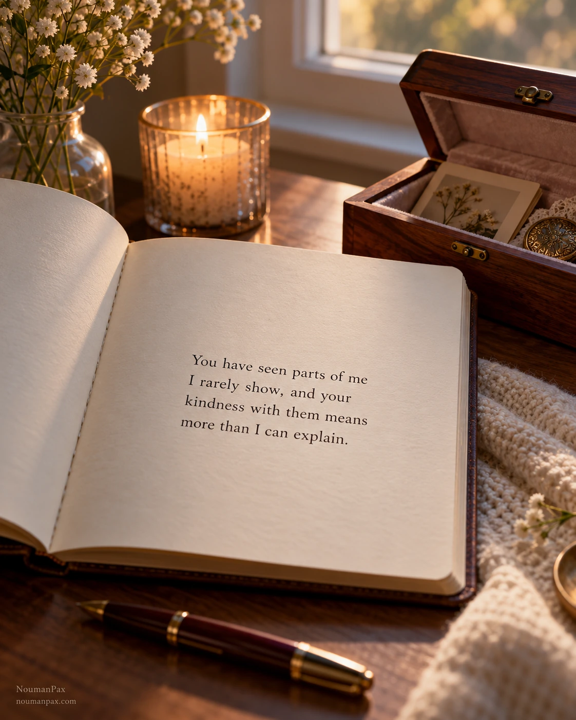 You have seen parts of me I rarely show, and your kindness with them means more than I can explain.